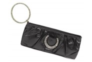 Evening Bag - Shiny Leather-Like Pleated w/ Crystal Accent Ring - Black - BG-90373B